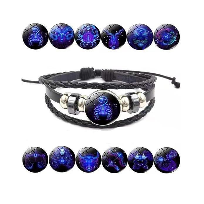 Zodiac Constellation Braided Design Black Leather Bracelet Adjustable - Sahil Shop