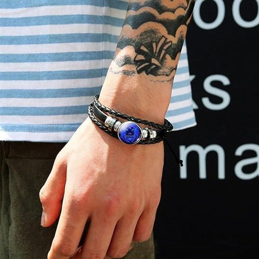 Zodiac Constellation Braided Design Black Leather Bracelet Adjustable - Sahil Shop